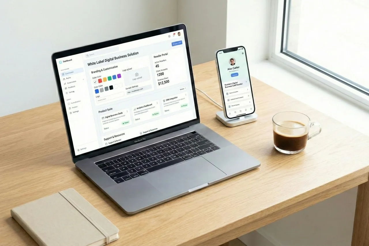 A web application on a laptop and its mobile app on a phone, on a wooden desk