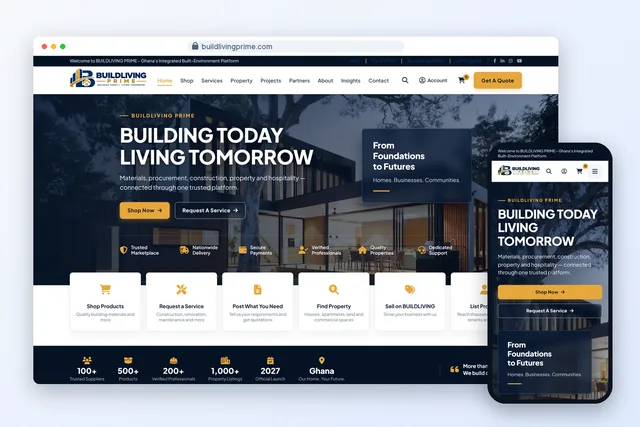 BuildLiving Prime home page on a desktop browser and a phone