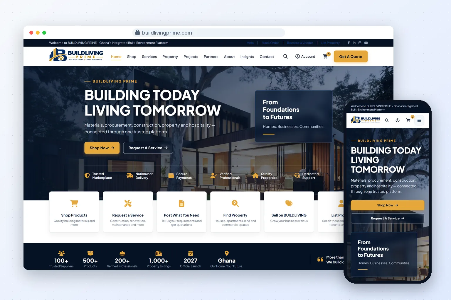 BuildLiving Prime home page on a desktop browser and a phone