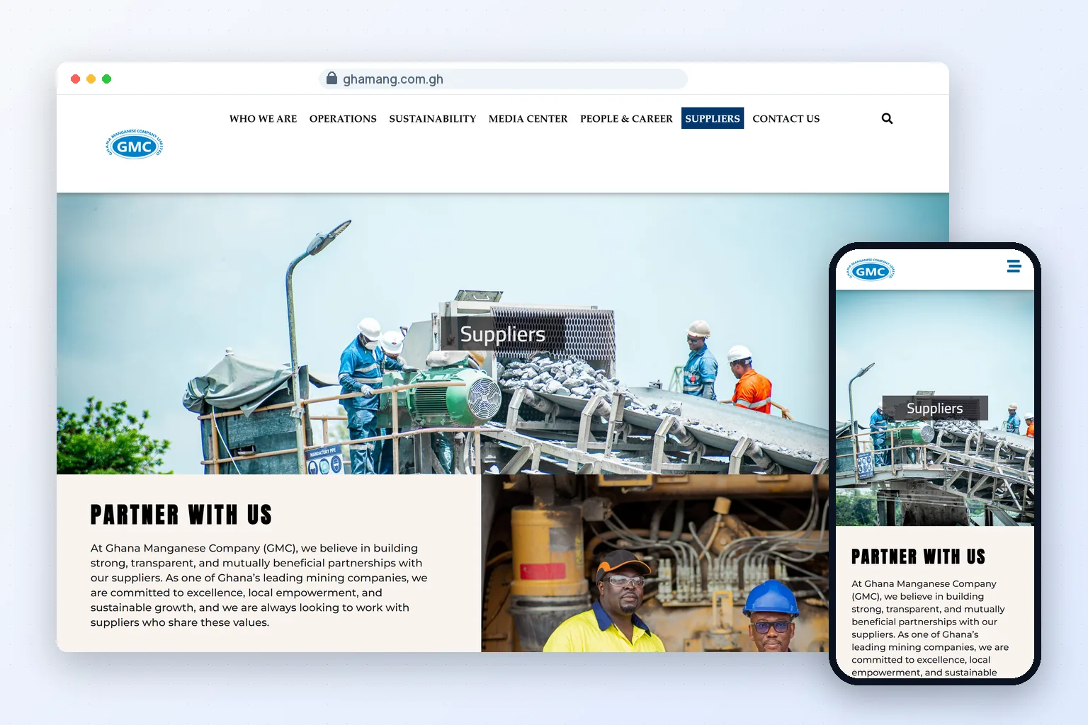 Ghana Manganese Company suppliers page on a desktop browser and a phone