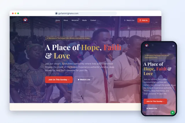 Gofamint Ghana home page on a desktop browser and a phone