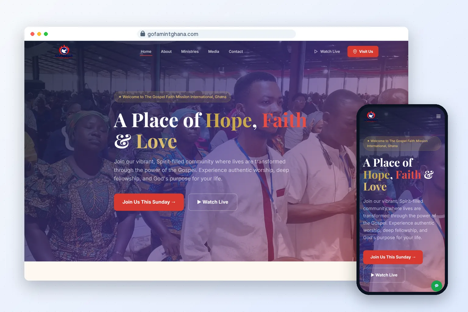 Gofamint Ghana home page on a desktop browser and a phone